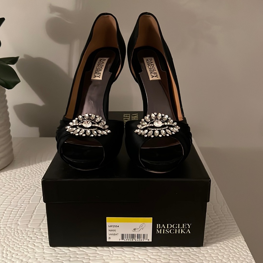 Badgley Mischa Nikki Vansat black satin peep toe heel with rhinestone accents